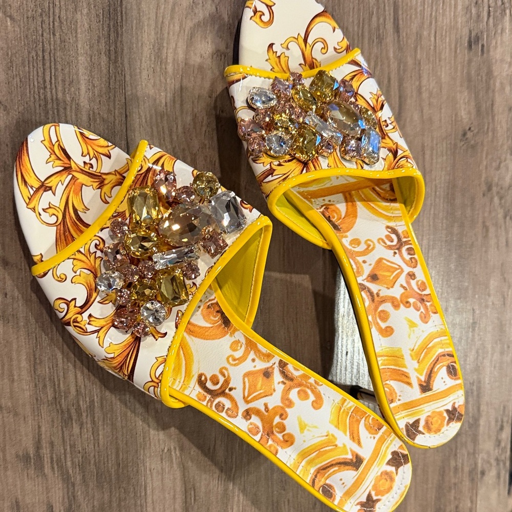 Yellow and White Embellished Women's Sandals